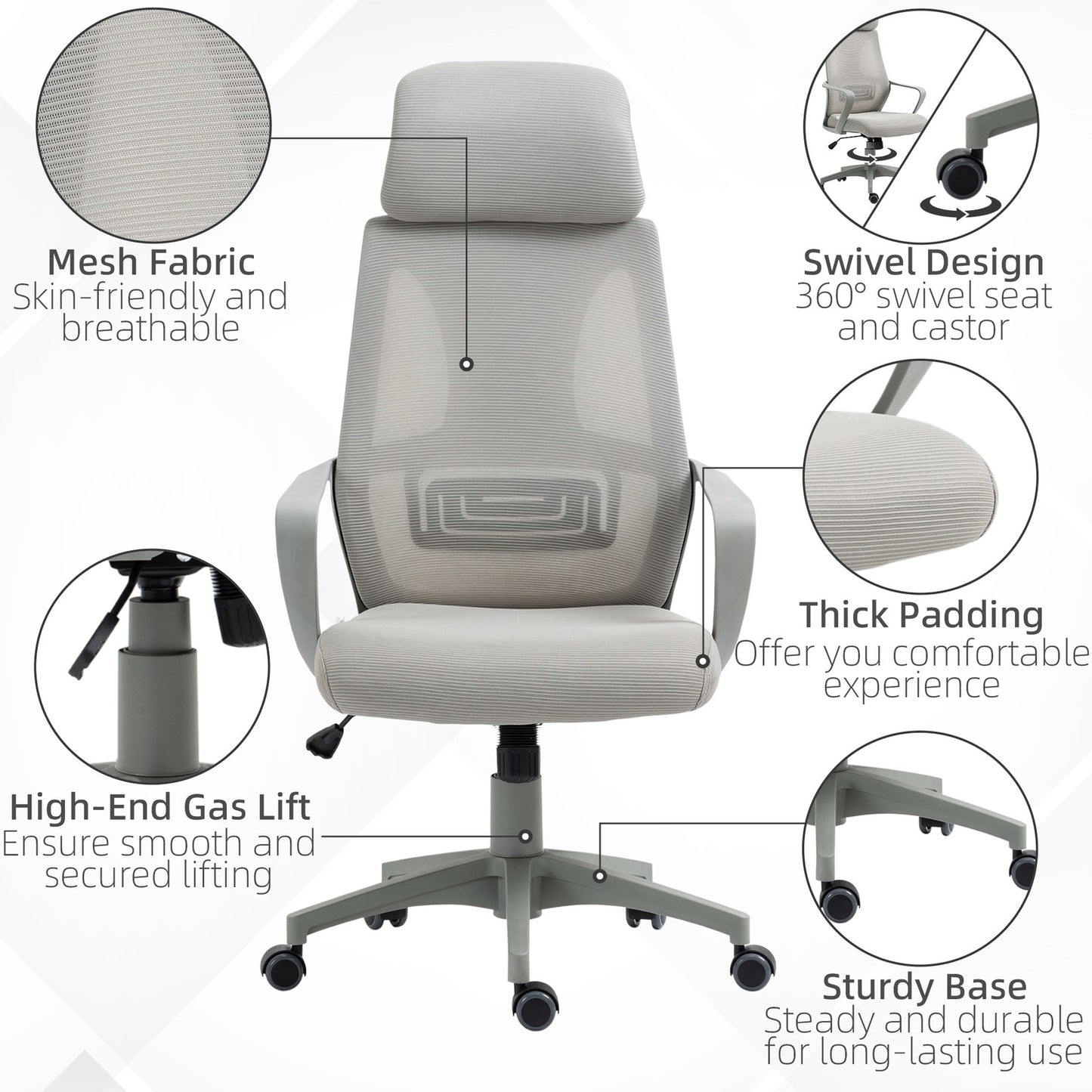 Vinsetto Mesh Back Office Chair W/ Adjustable Height Padded Headrest Grey