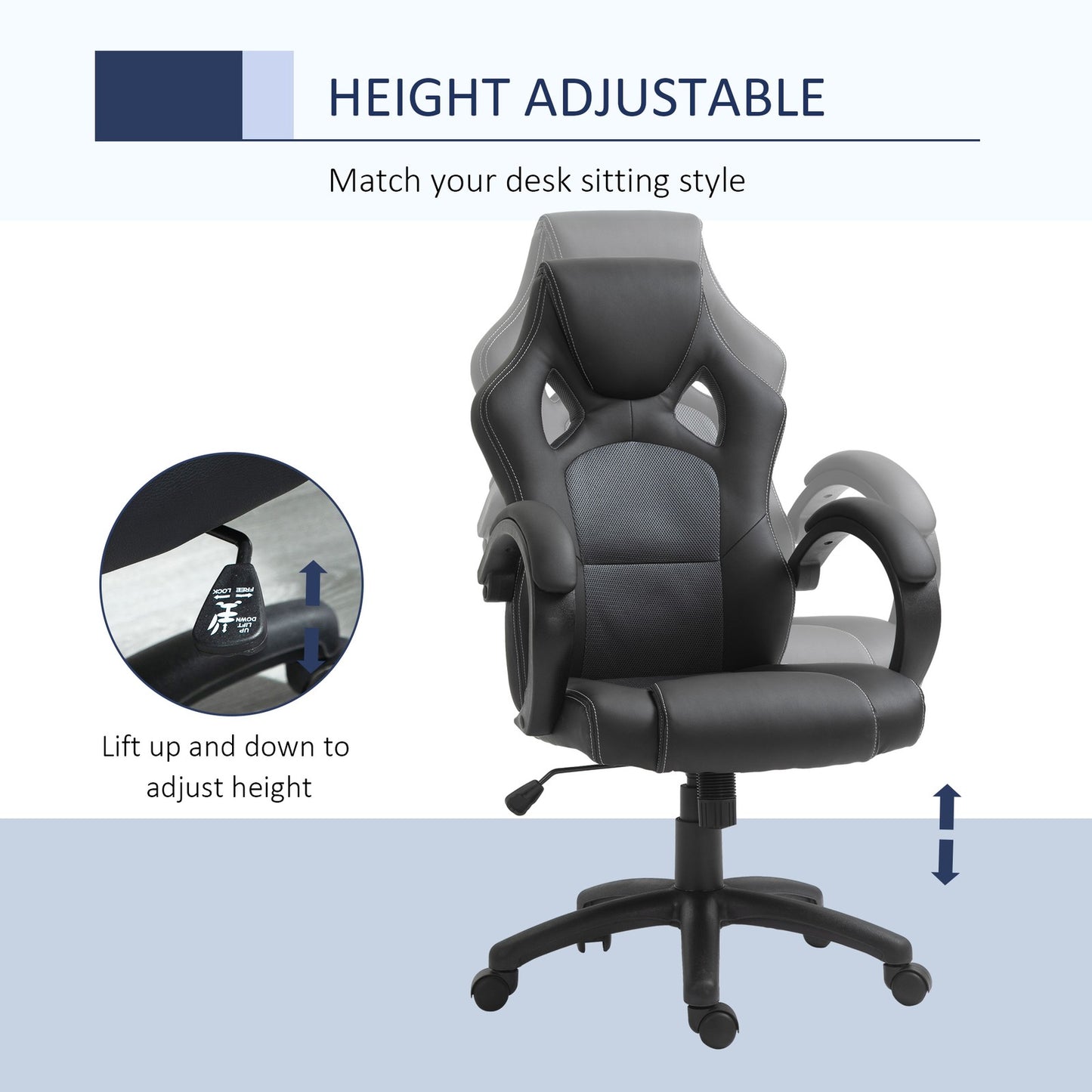 Executive Racing Swivel Gaming Office Chair PU Leather Computer Desk Chair Gray