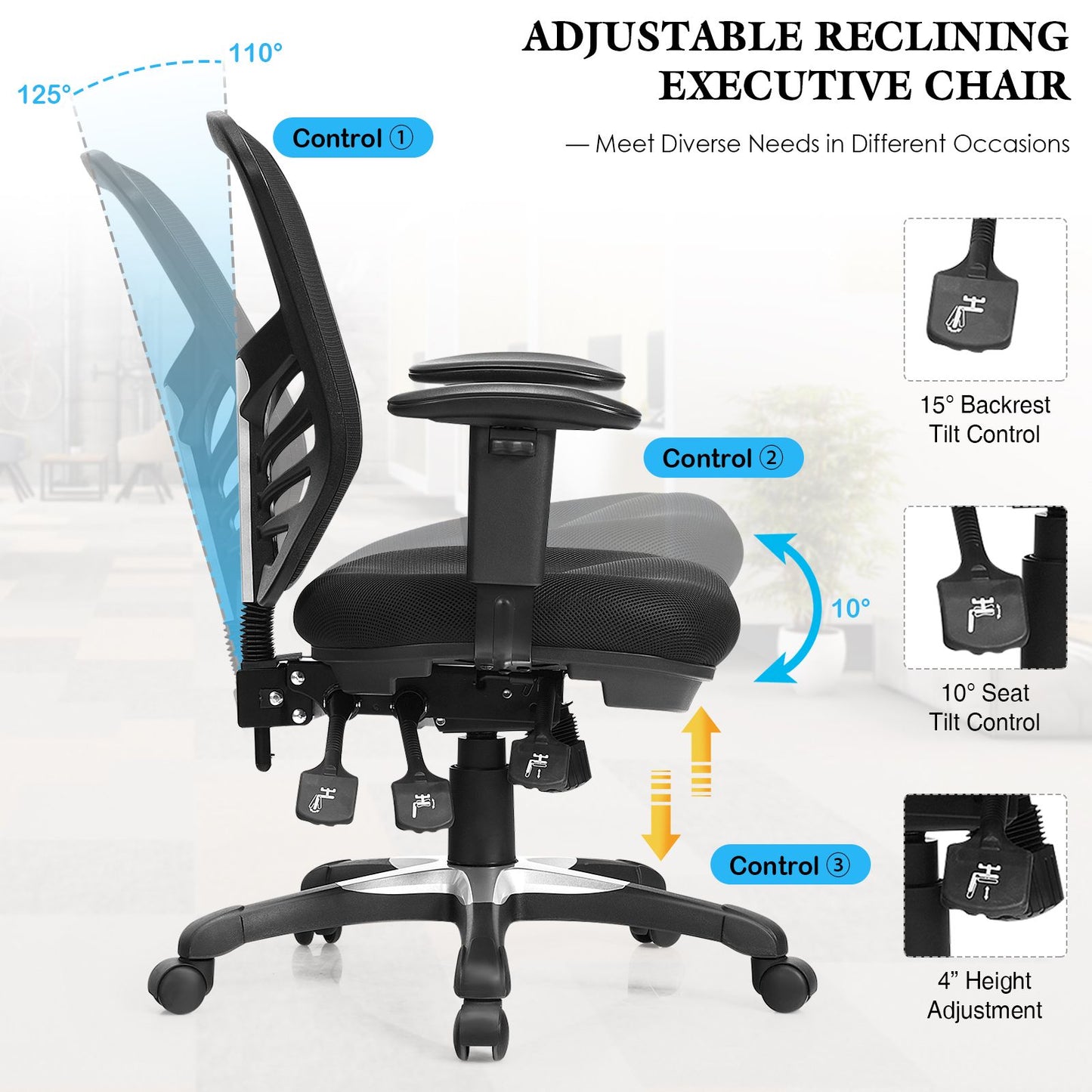 Ergonomic Reclining Mesh Office Chair with 3-Paddle Control