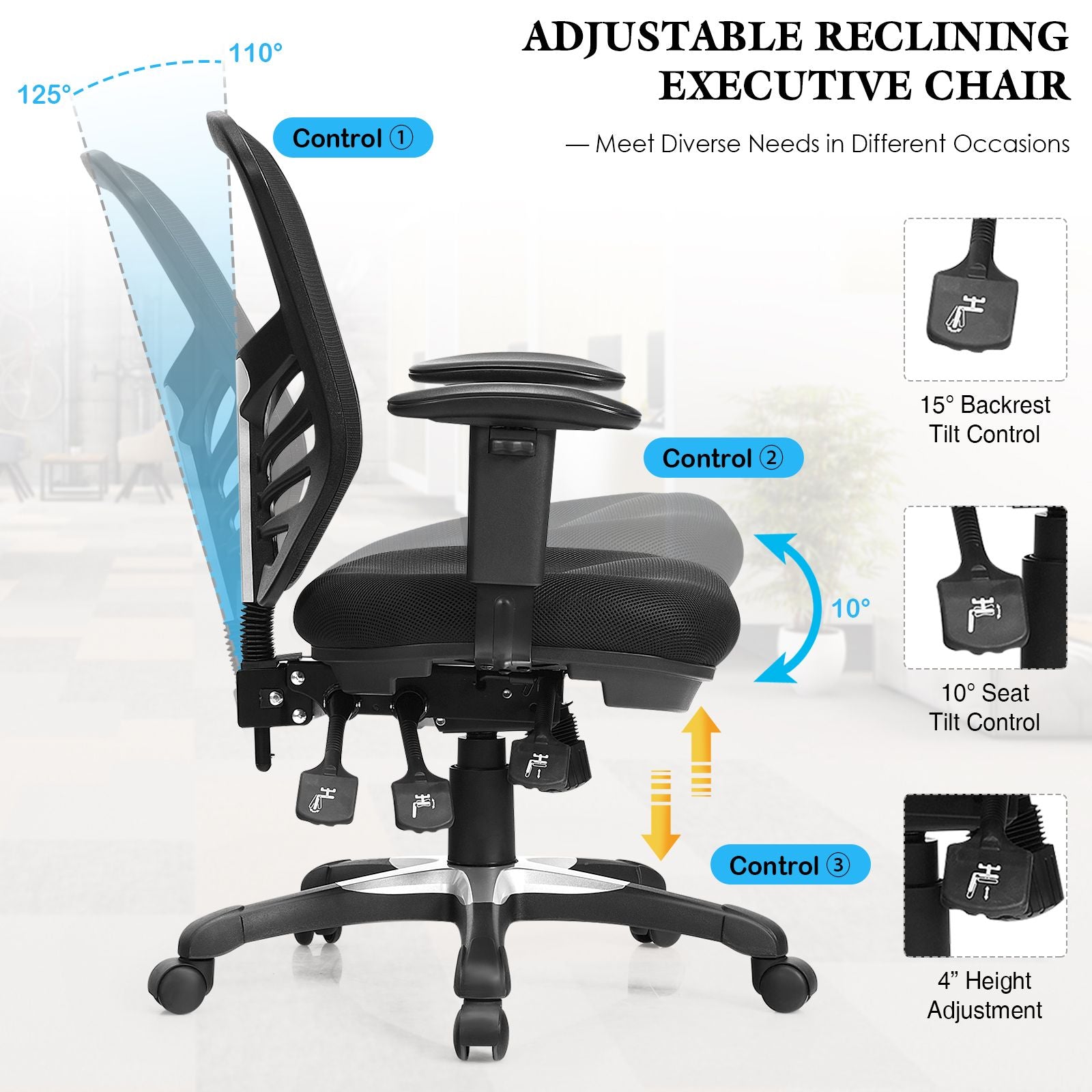 Ergonomic Reclining Mesh Office Chair with 3-Paddle Control