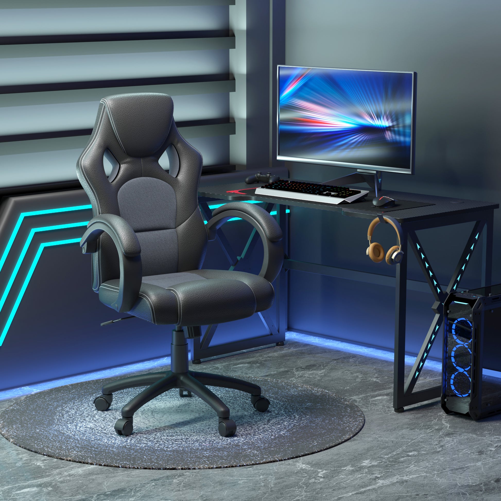 Executive Racing Swivel Gaming Office Chair PU Leather Computer Desk Chair Gray
