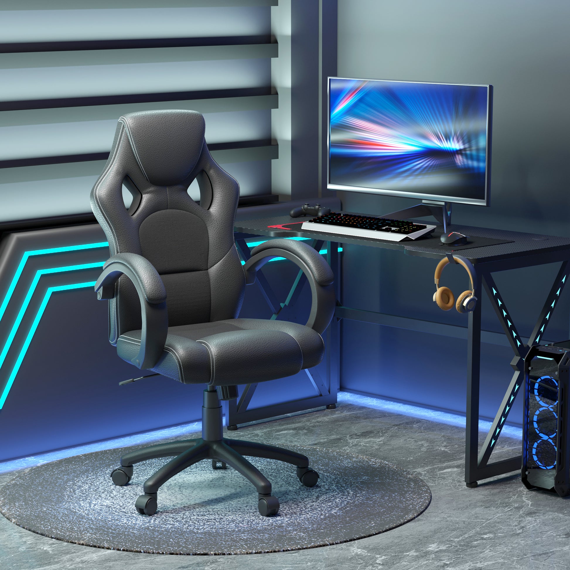 Executive Racing Swivel Gaming Office Chair PU Leather Computer Desk Chair Gray