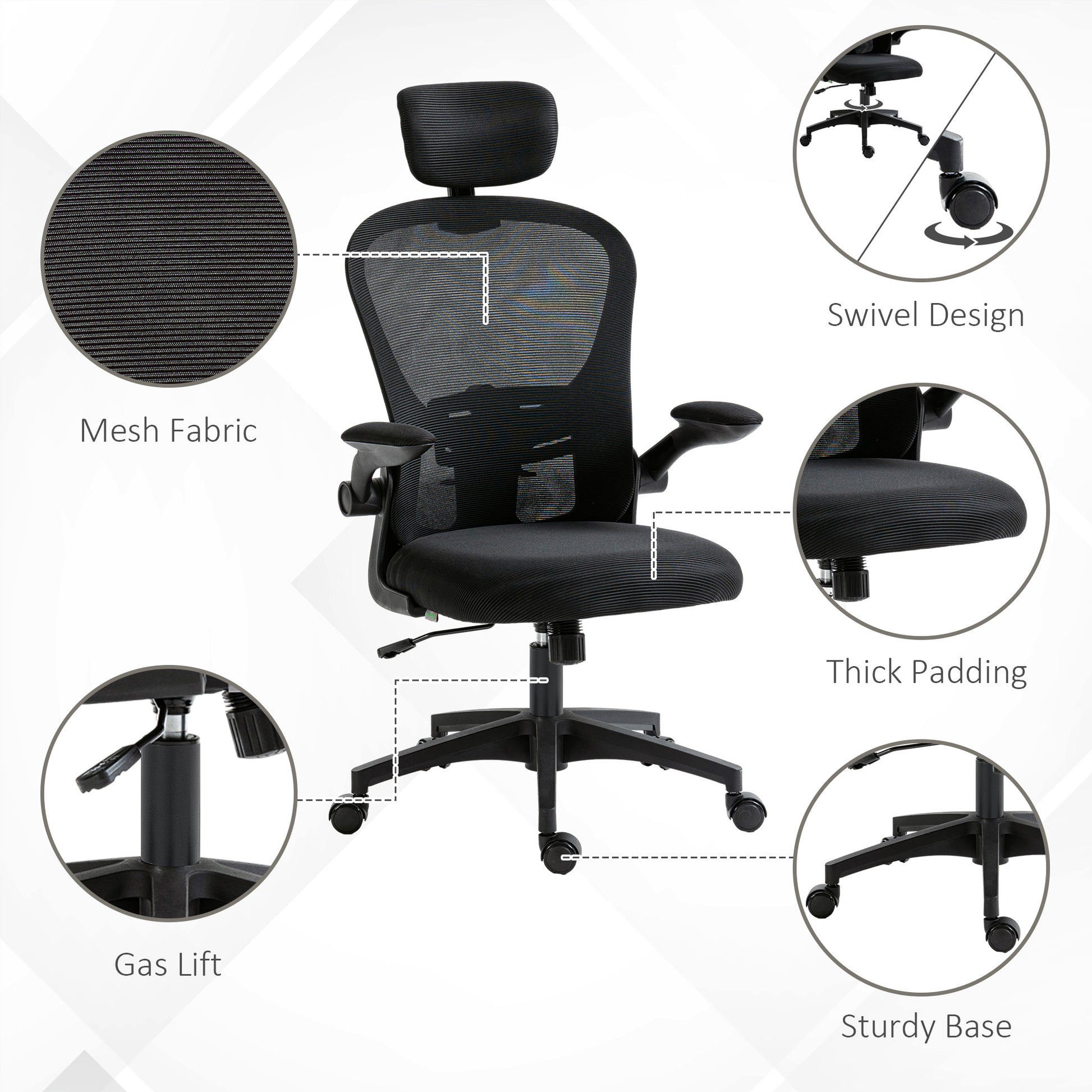 Mesh Office Chair with Headrest, Lumbar Support, 90° Arm