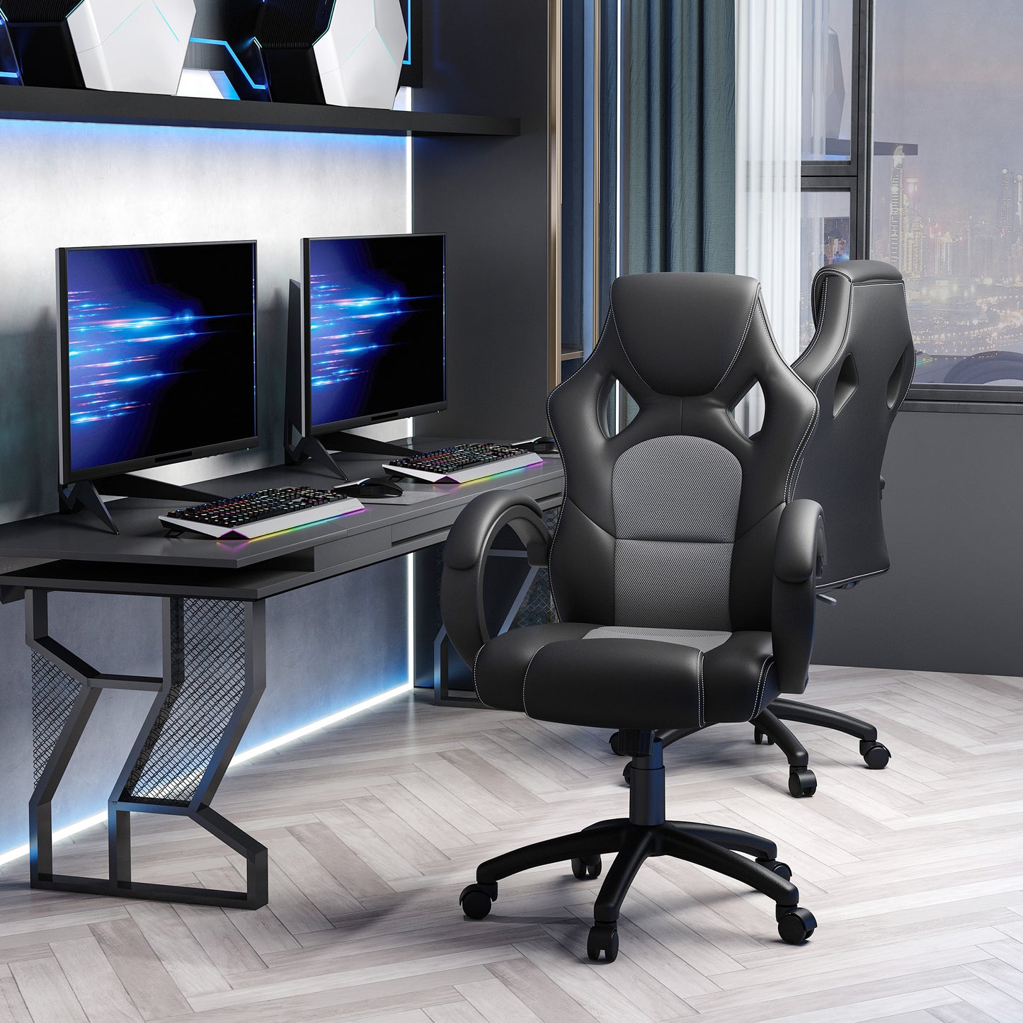 Executive Racing Swivel Gaming Office Chair PU Leather Computer Desk Chair Gray