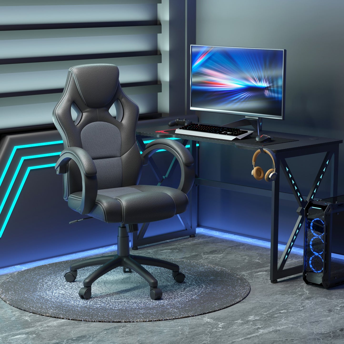 Executive Racing Swivel Gaming Office Chair PU Leather Computer Desk Chair Gray