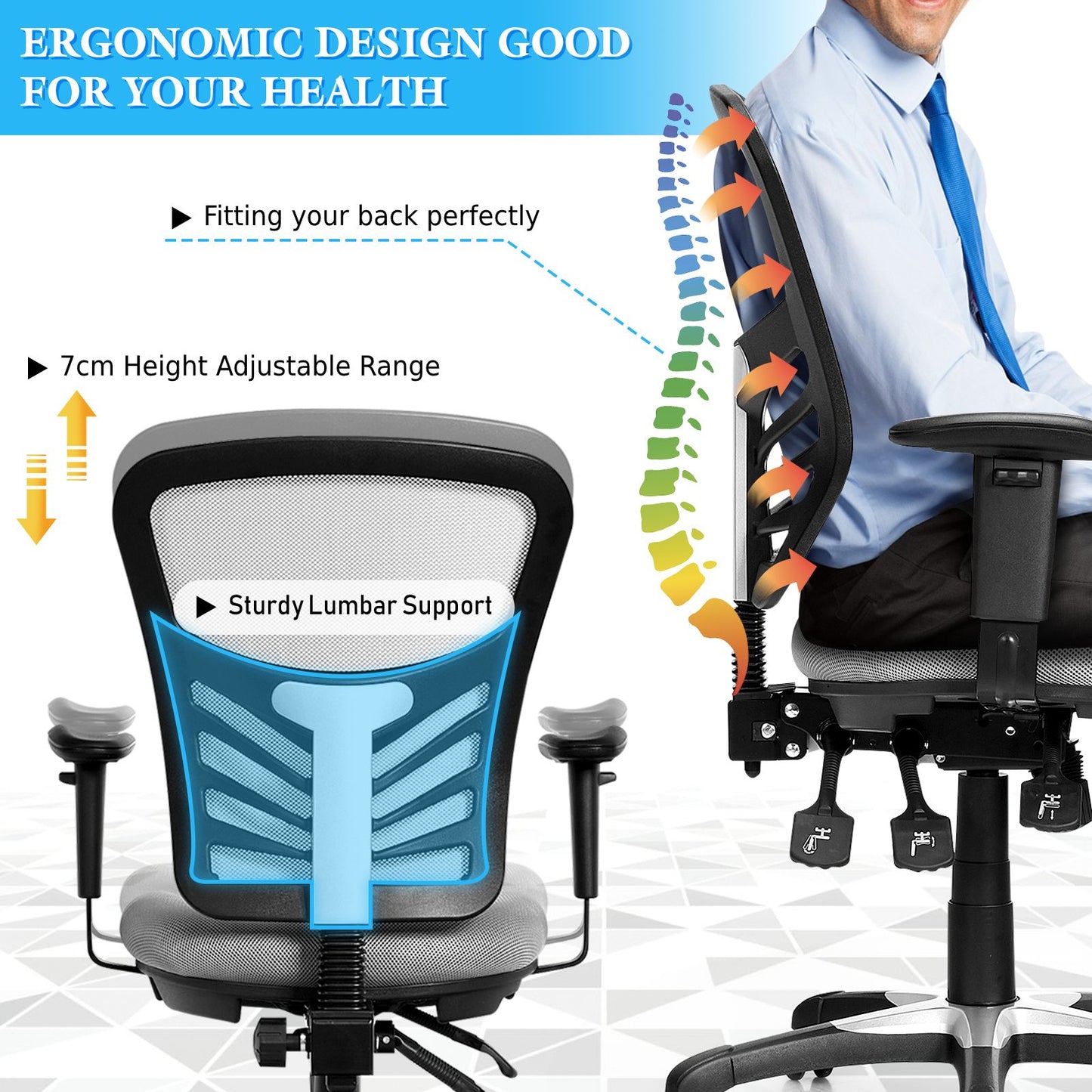Ergonomic Reclining Mesh Office Chair with 3-Paddle Control