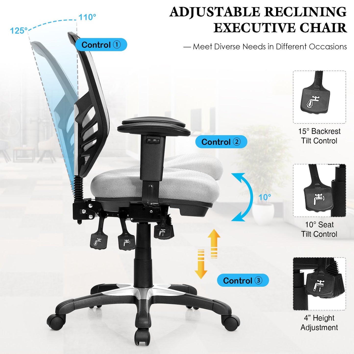 Ergonomic Reclining Mesh Office Chair with 3-Paddle Control