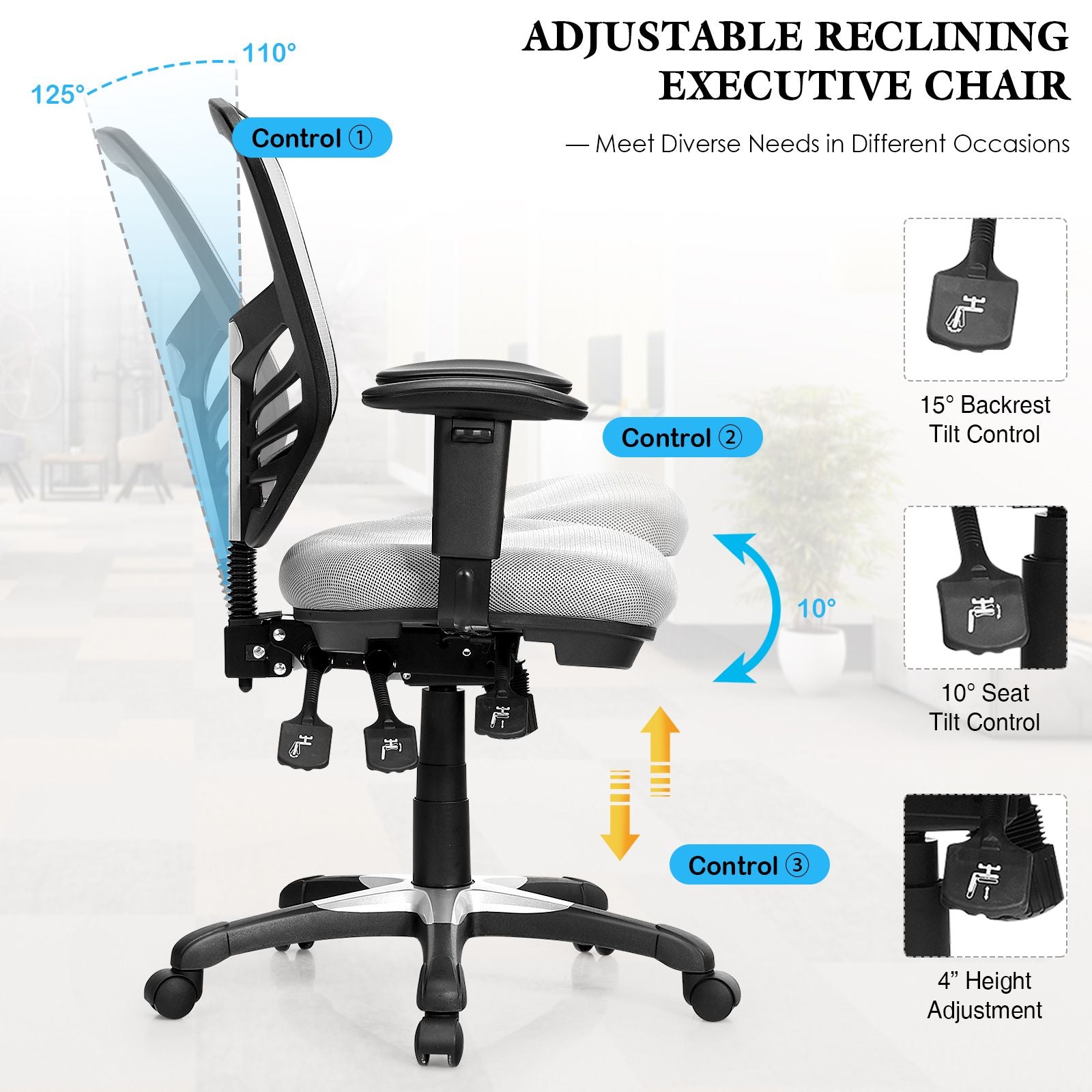 Ergonomic Reclining Mesh Office Chair with 3-Paddle Control