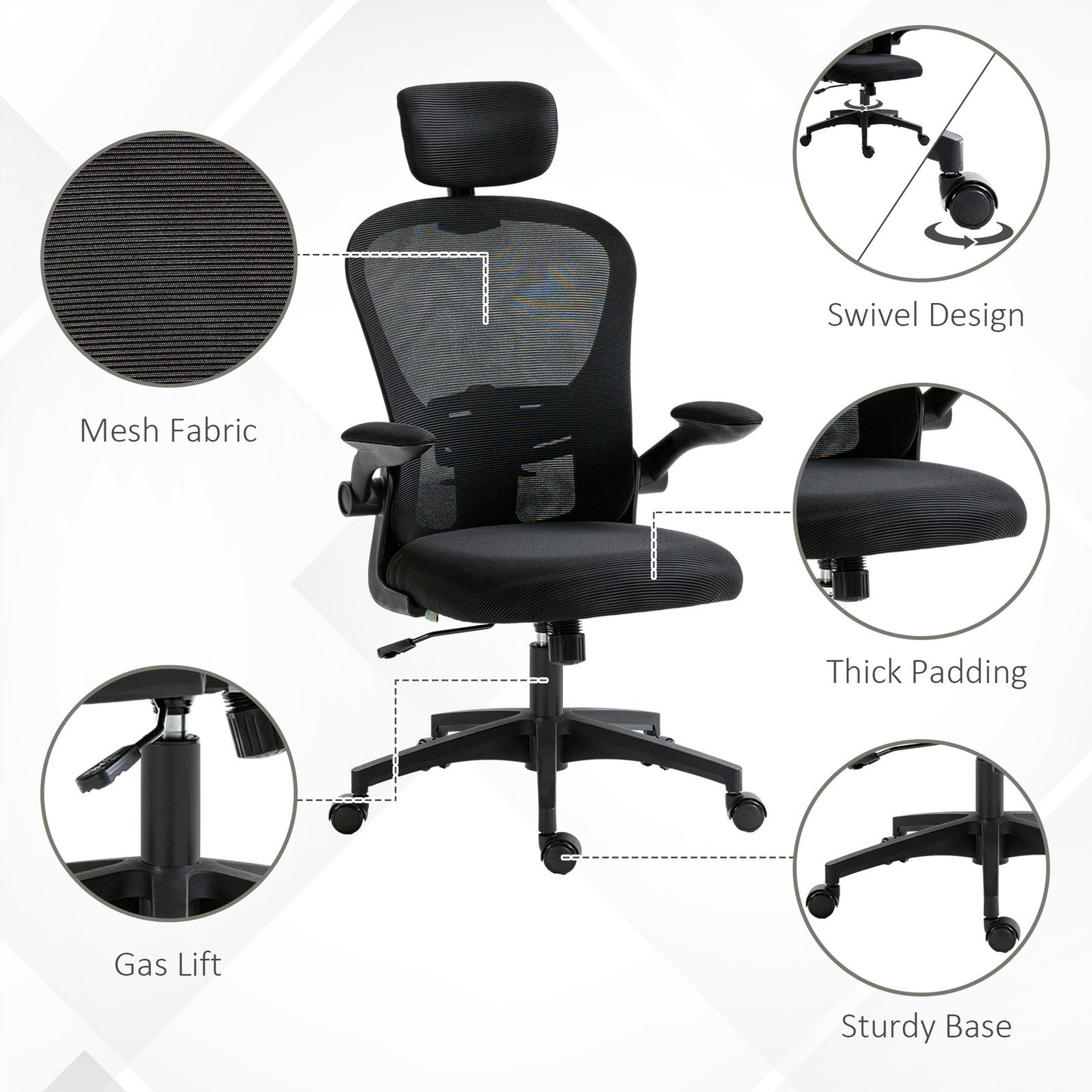 Mesh Office Chair with Headrest, Lumbar Support, 90° Arm