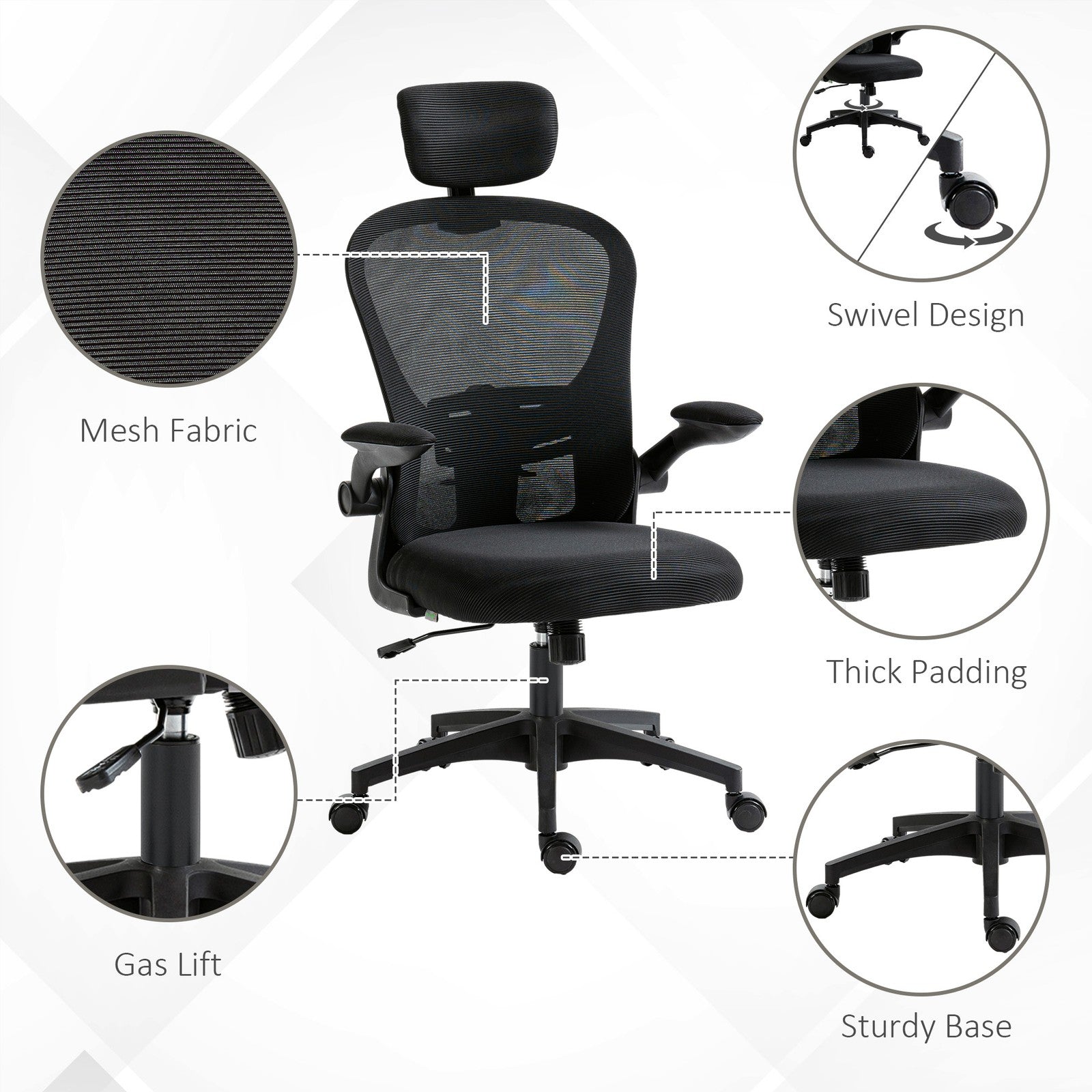 Mesh Office Chair with Headrest, Lumbar Support, 90° Arm