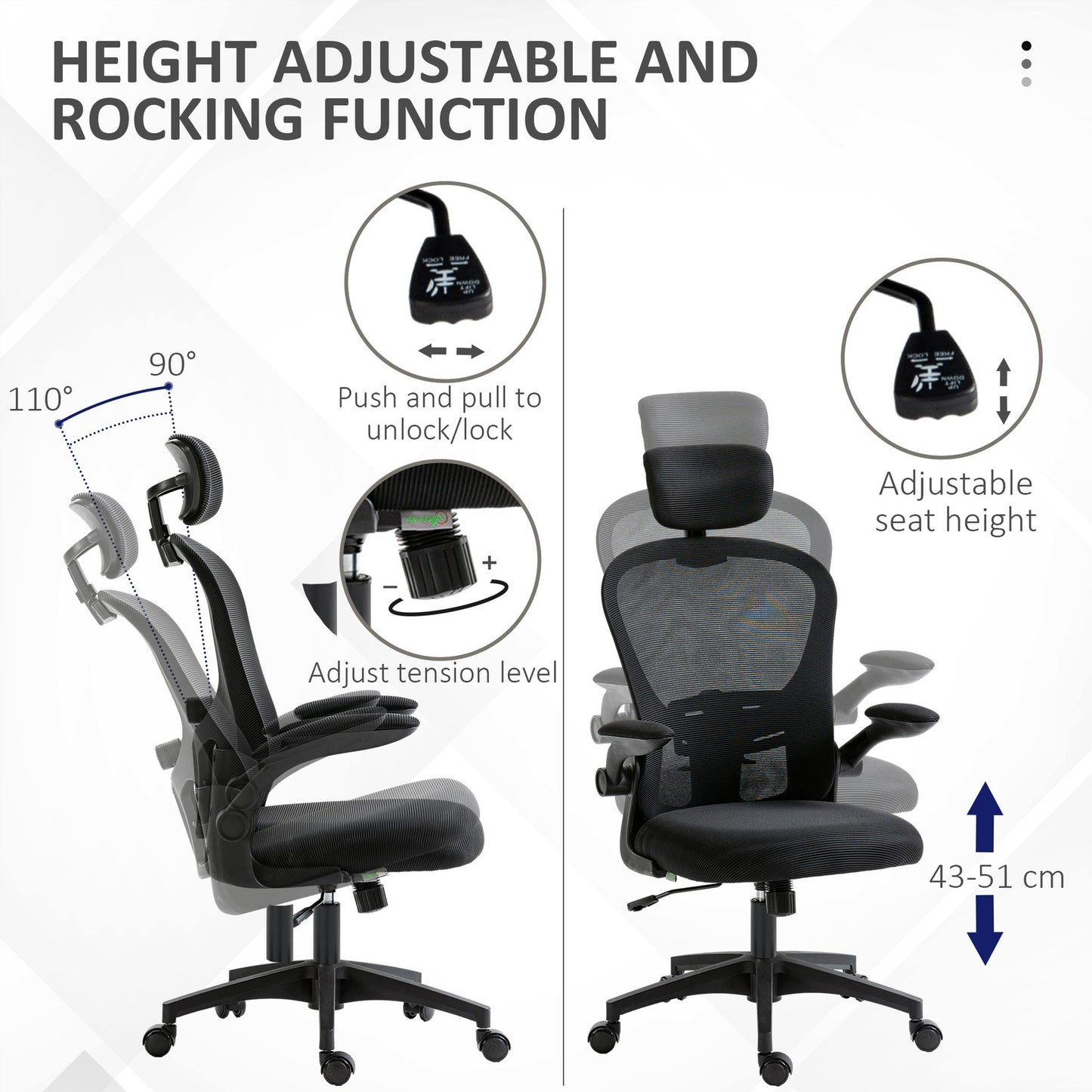 Mesh Office Chair with Headrest, Lumbar Support, 90° Arm