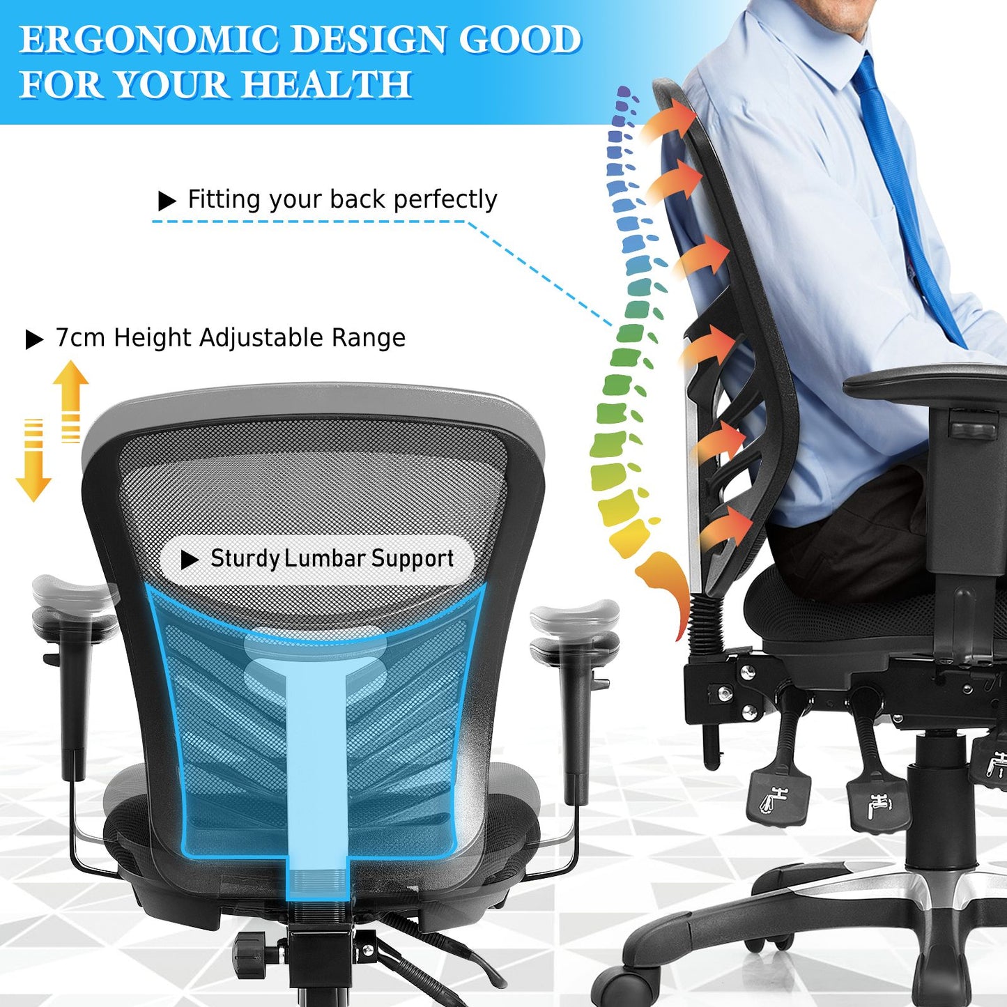 Ergonomic Reclining Mesh Office Chair with 3-Paddle Control